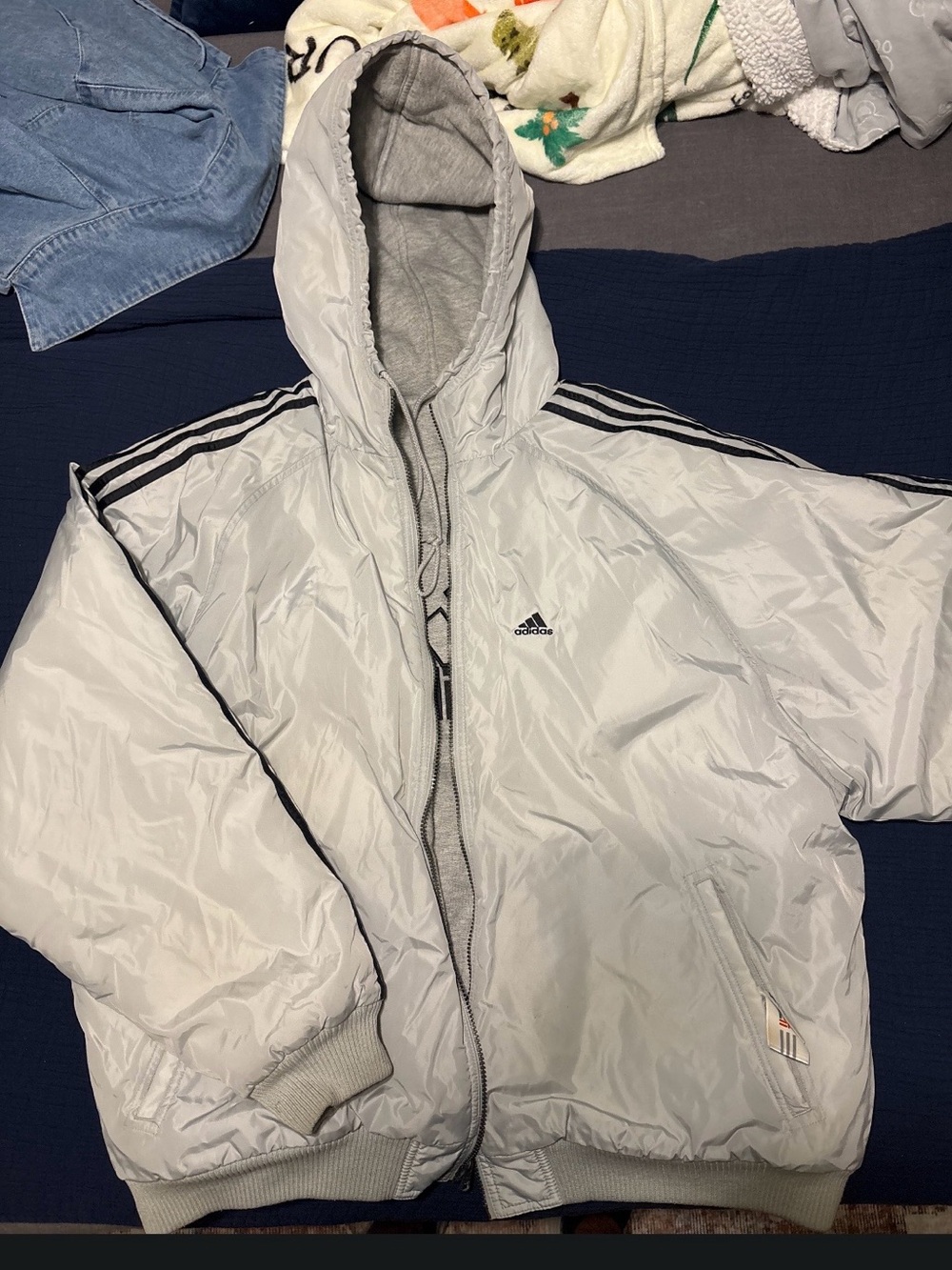 adidas Light Gray Hooded Puffer Jacket with Black Stripes - reversible